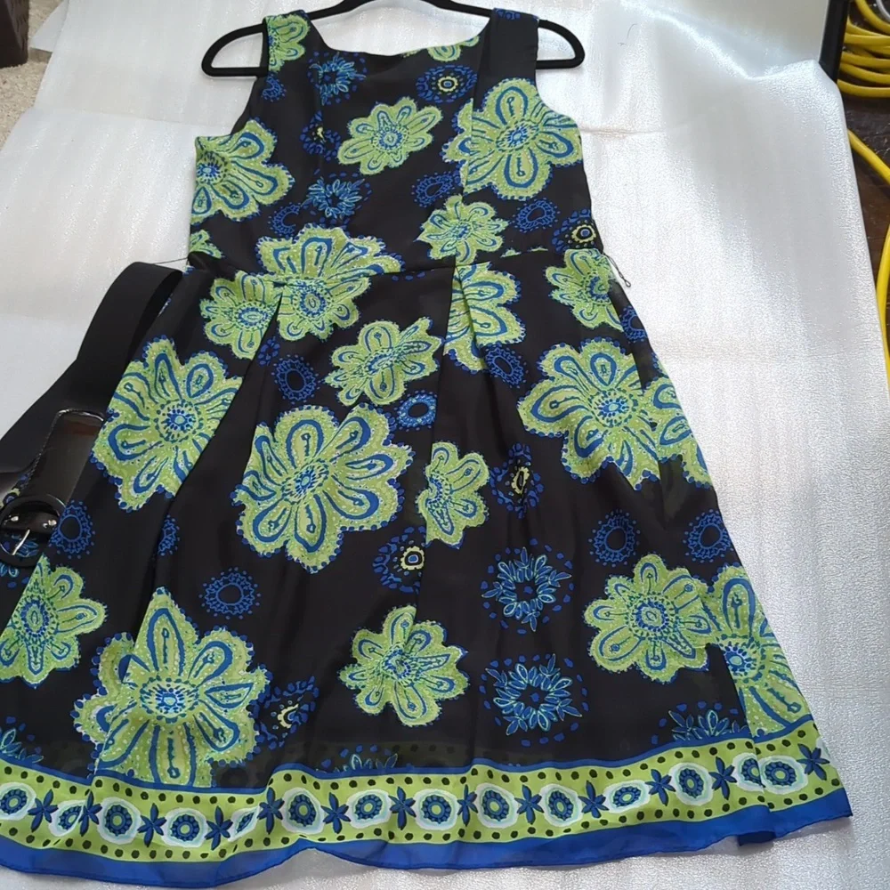 NWOT Studio I Women's 2 Piece Black Floral Chiffon Dress With Blue Jacket Size14 - Picture 4 of 9